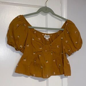 Love Riche Mustard Floral Tie-Front Puff Sleeve Top